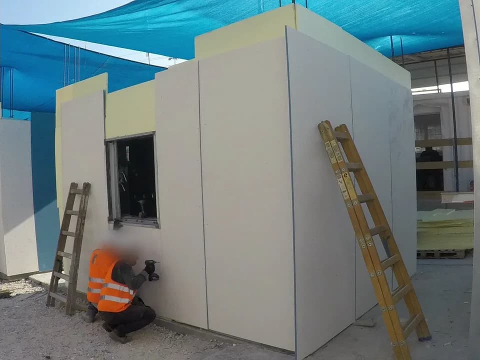 אלמנט מערכת iForm עם פתח חלון בשלב הרכבת לוחות הבידוד, לפני ההנפה לבניין ברעננה