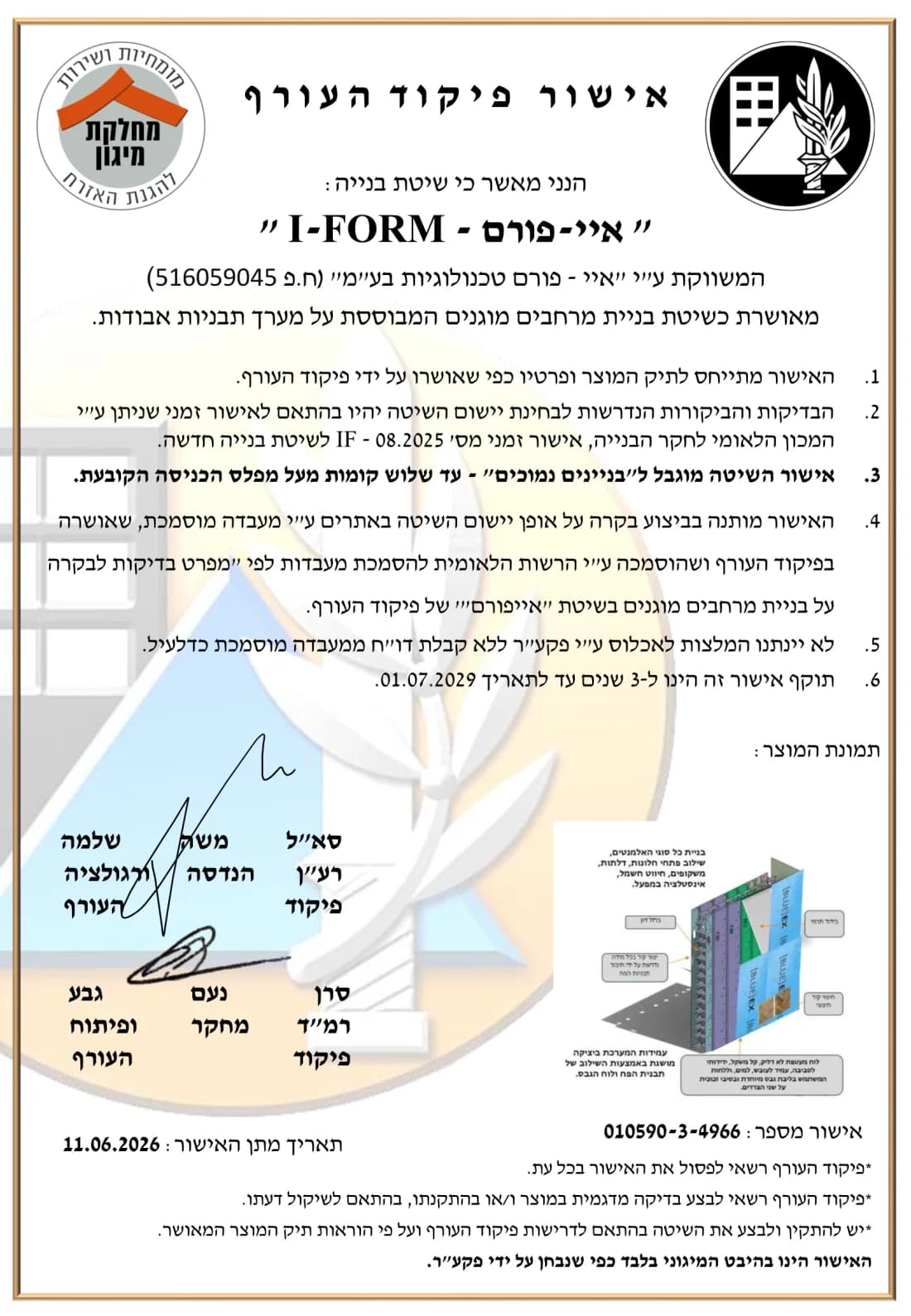 אישור פיקוד העורף לשיטת iForm, מס' 010590-3-4966, בתוקף עד 2029